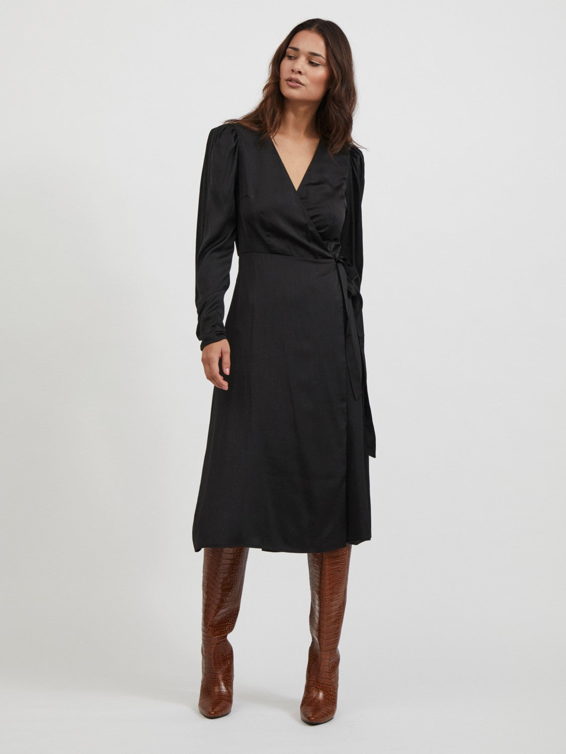 Miele Satin Wrap Midi Dress (Black ...